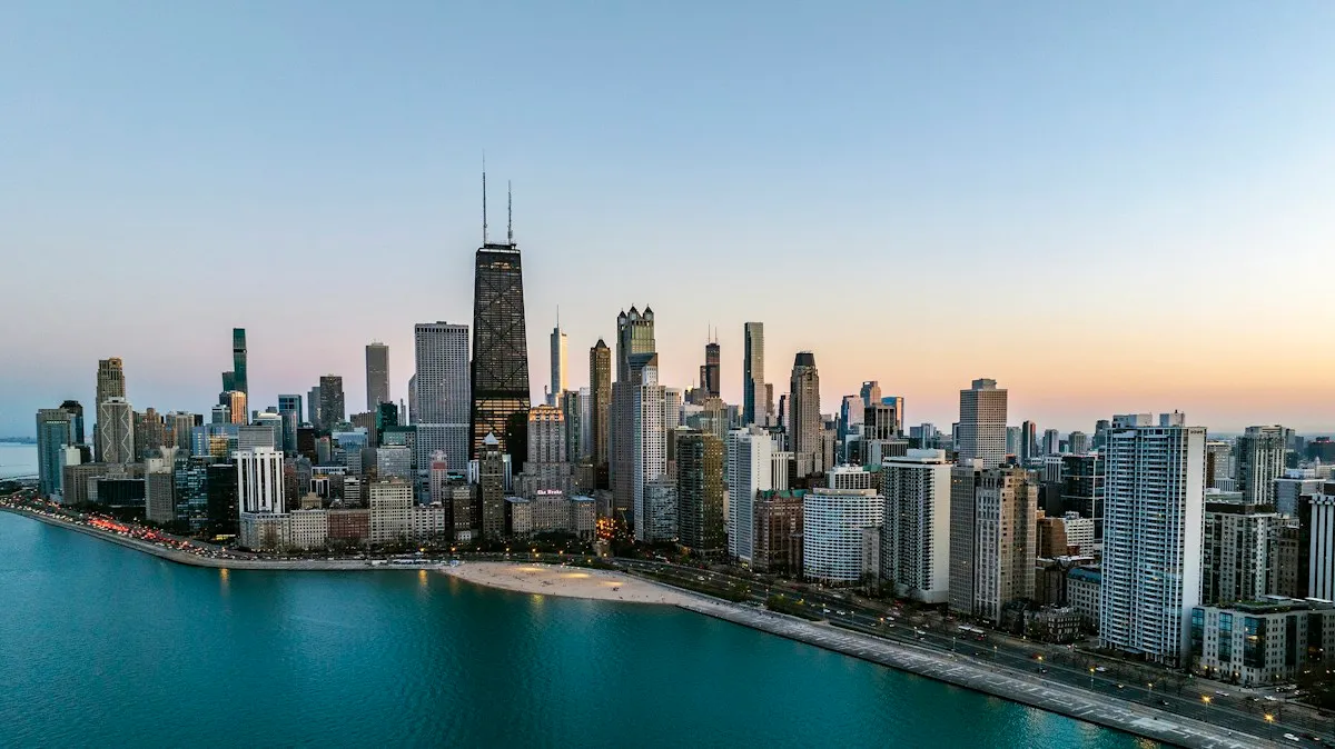 Aerial view of Chicago next to Lake Michigan