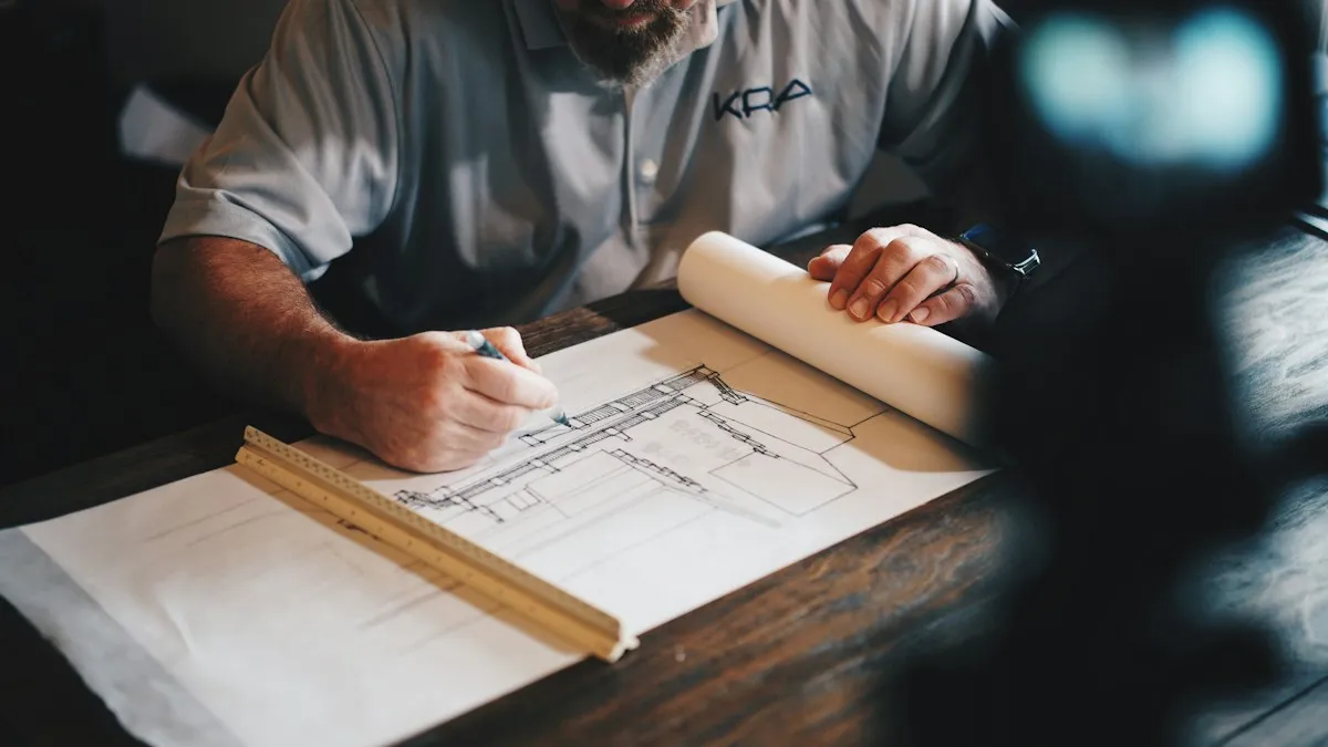 Architect working on a drawing with a pencil and ruler
