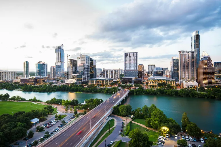Austin skyline and Congress Avenue Bridge over Lady Bird Lake