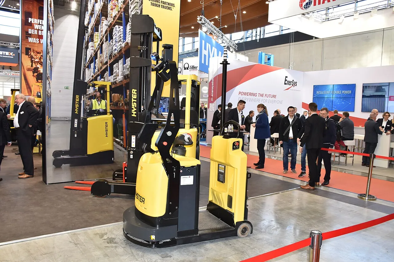 Automated warehouse equipment on display at a logistics trade fair