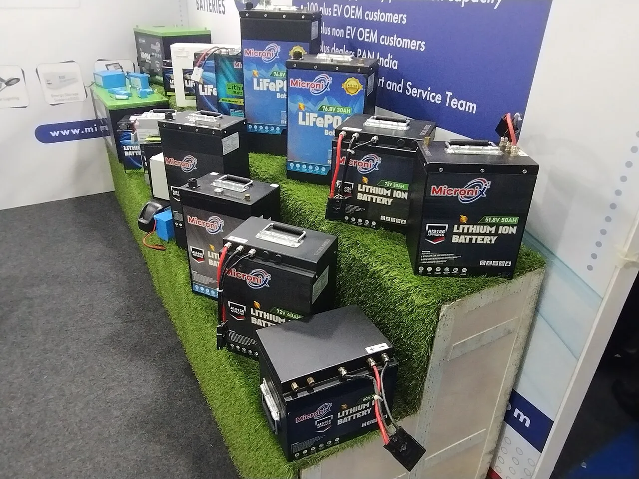 Battery systems on display at an electric vehicle exhibition