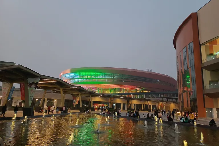 Bharat Mandapam exhibition and convention centre in New Delhi illuminated at night