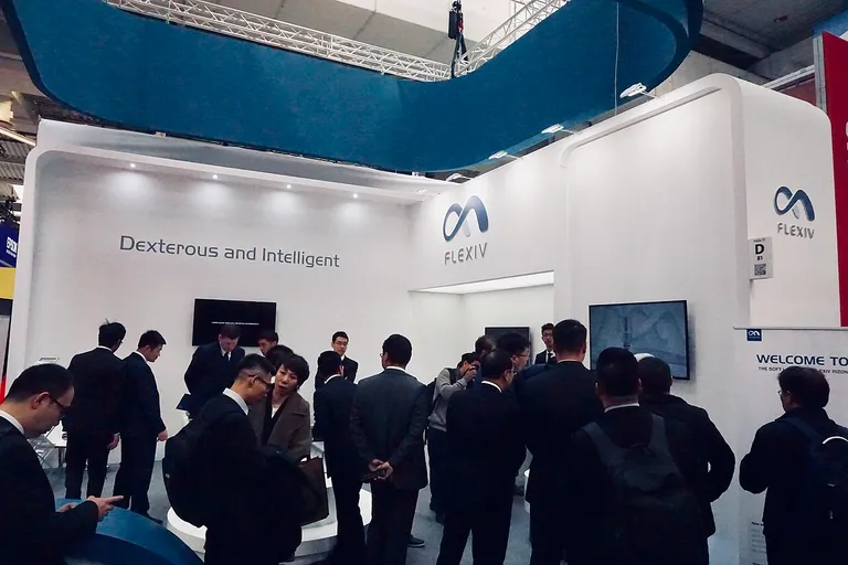 Collaborative robot demonstrated at an industrial automation trade fair