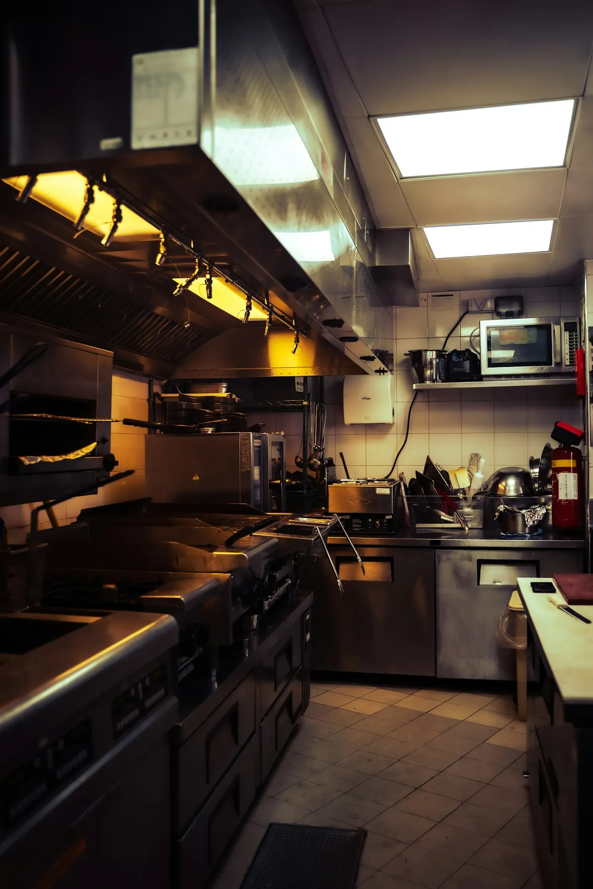 Commercial kitchen with stainless steel appliances