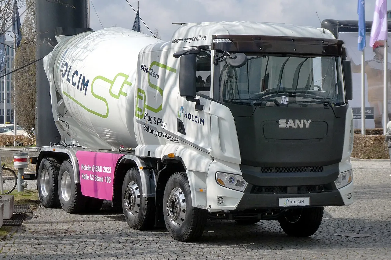 Electric concrete mixer truck exhibited outside BAU 2023 in Munich