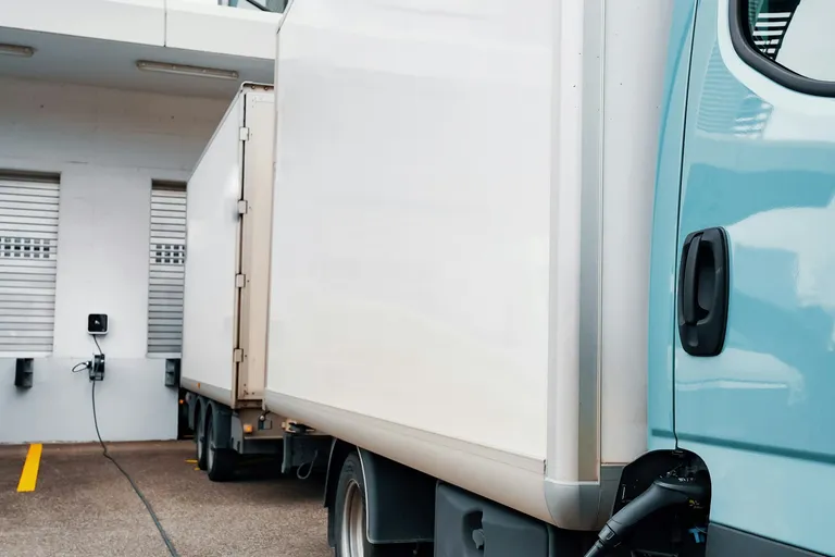 Electric truck parked in front of a building