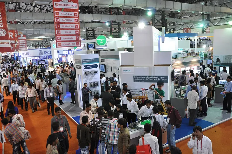 Exhibitors and visitors in the halls of ELECRAMA 2012, the Indian electrical equipment show