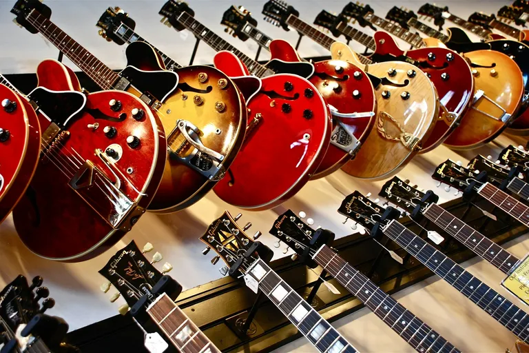 Guitars on display in a music store