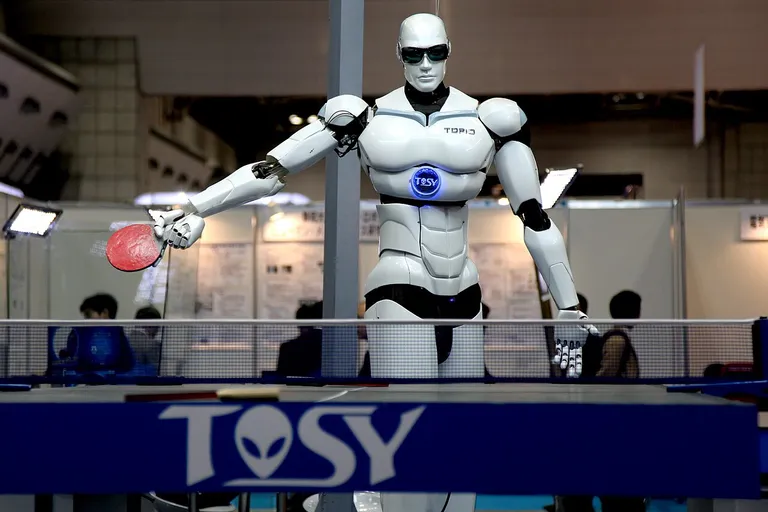 Humanoid robot TOPIO on display at the International Robot Exhibition in Tokyo