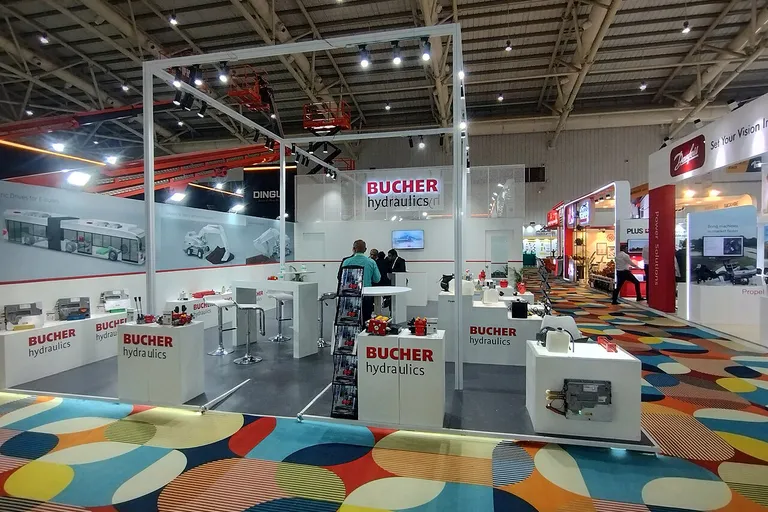 Hydraulic equipment on display at an industrial machinery exhibition