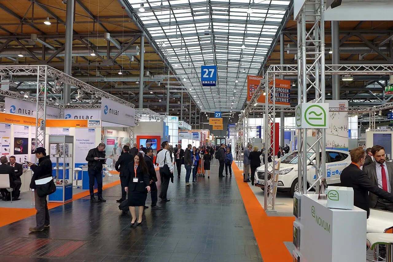Industrial technology exhibition hall with visitors