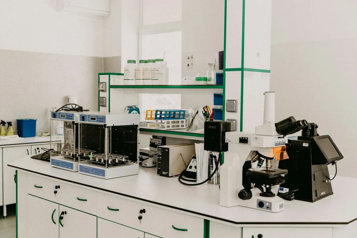 Laboratory workbench with a microscope and analytical equipment