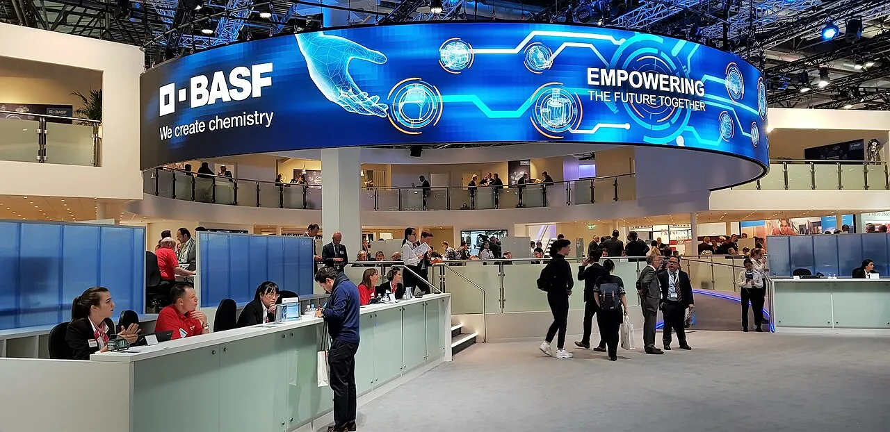 Large plastics industry exhibition stand of a chemical company at the K trade fair in Düsseldorf