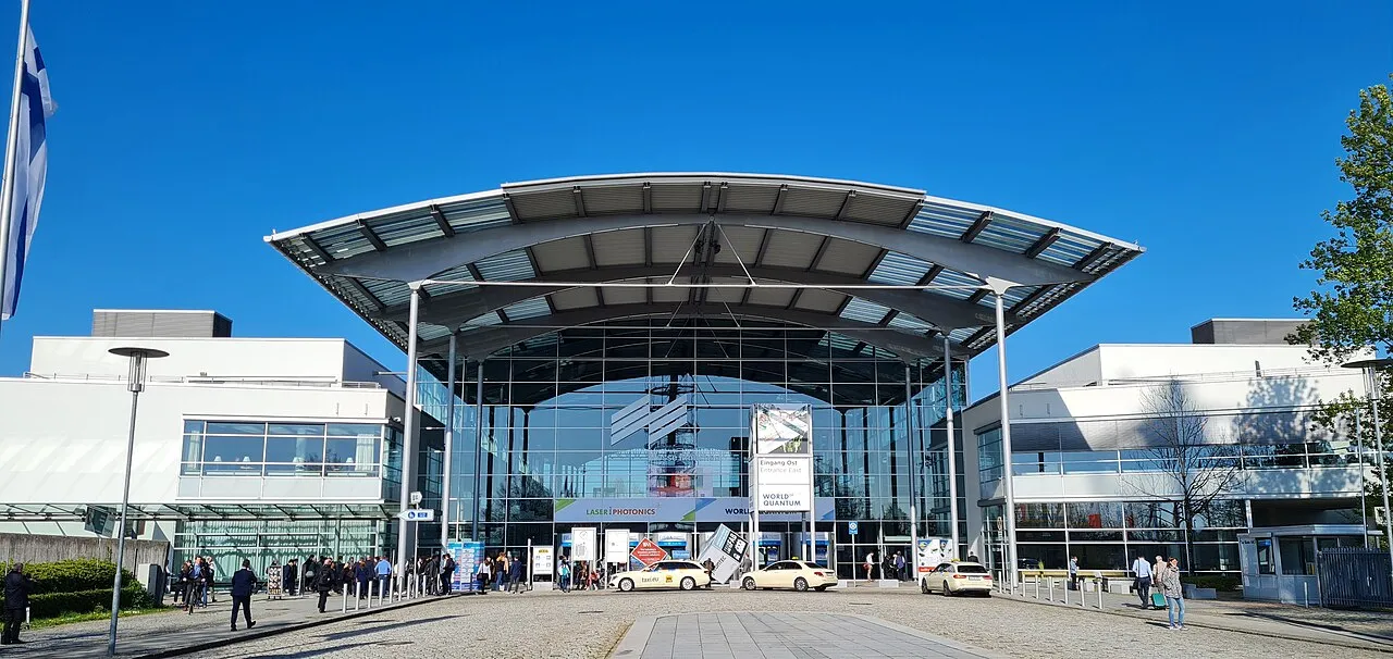 Laser and photonics exhibitor stands at a photonics trade fair