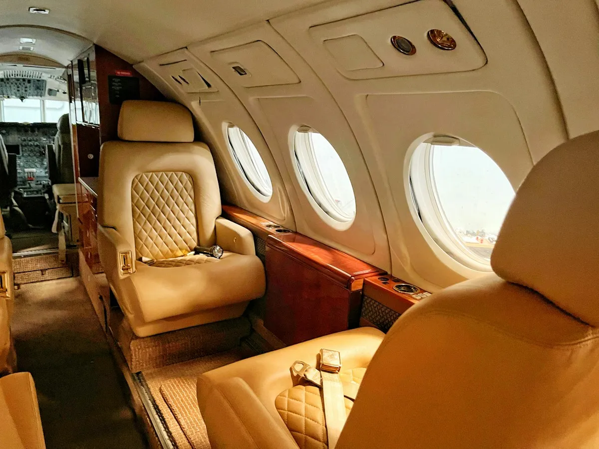 Leather seats inside a private jet cabin