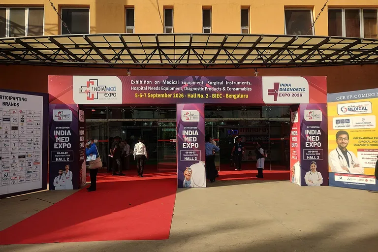 Medical technology exhibitor stands at a healthcare trade exhibition