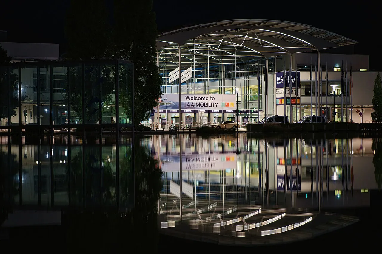 Messe München lit up at night