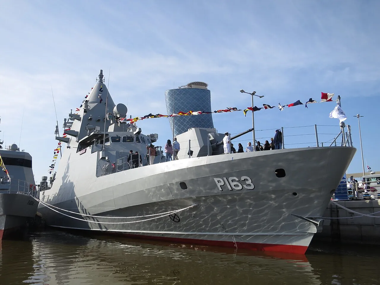Naval patrol vessel moored at NAVDEX 2025 in Abu Dhabi