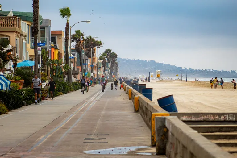People walking along the San Diego waterfront