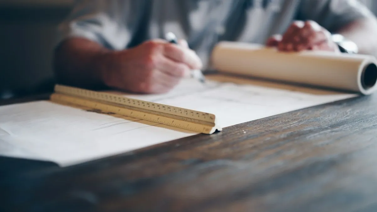 Person drafting on a blueprint
