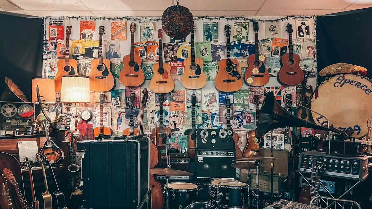 Room filled with guitars and music equipment