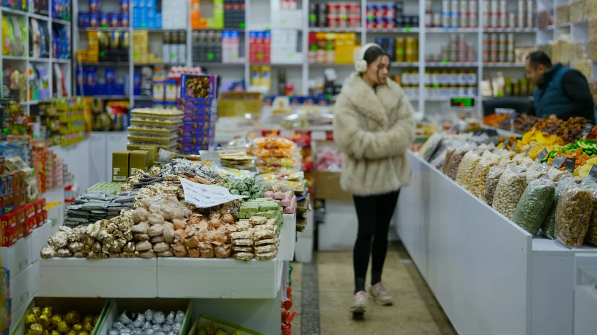 Shopper browsing goods at a market stall