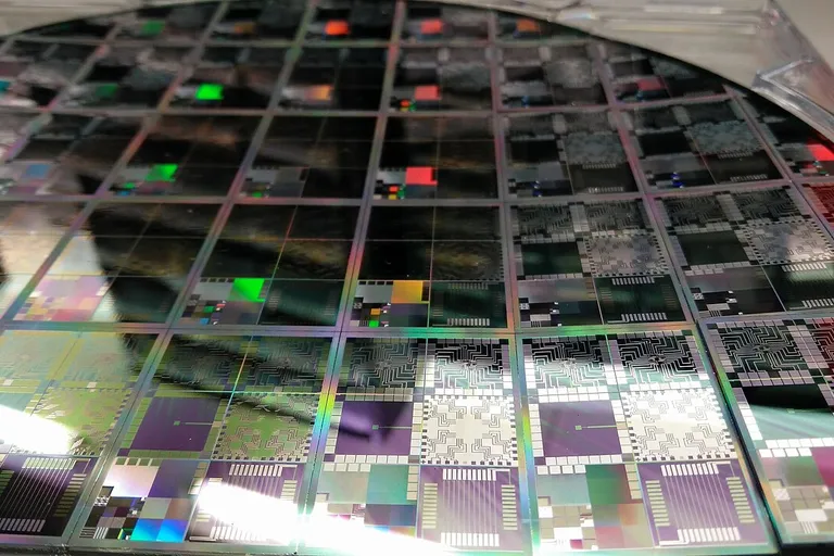 Close-up of a semiconductor wafer with microelectronic circuits