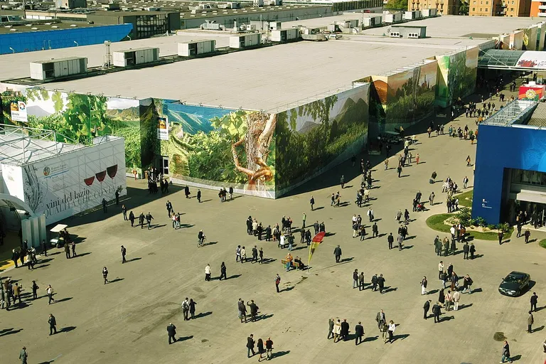 Visitors outside the exhibition halls at Vinitaly in Verona