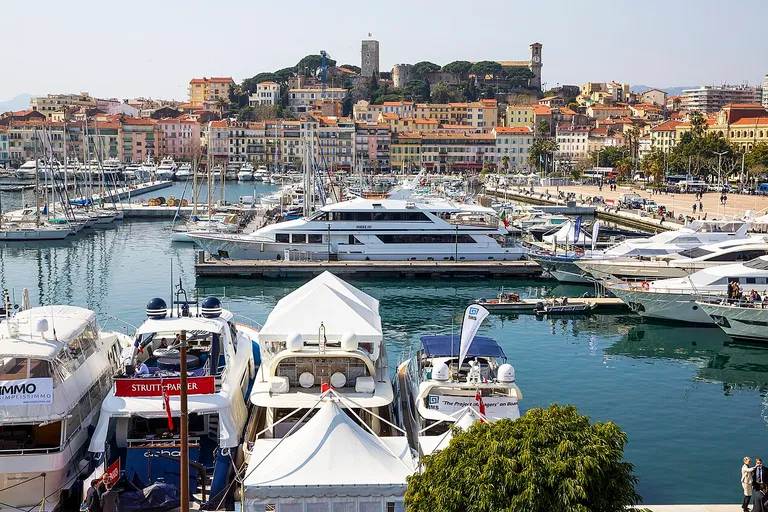 Yachts in Cannes harbour used for meetings during MIPIM